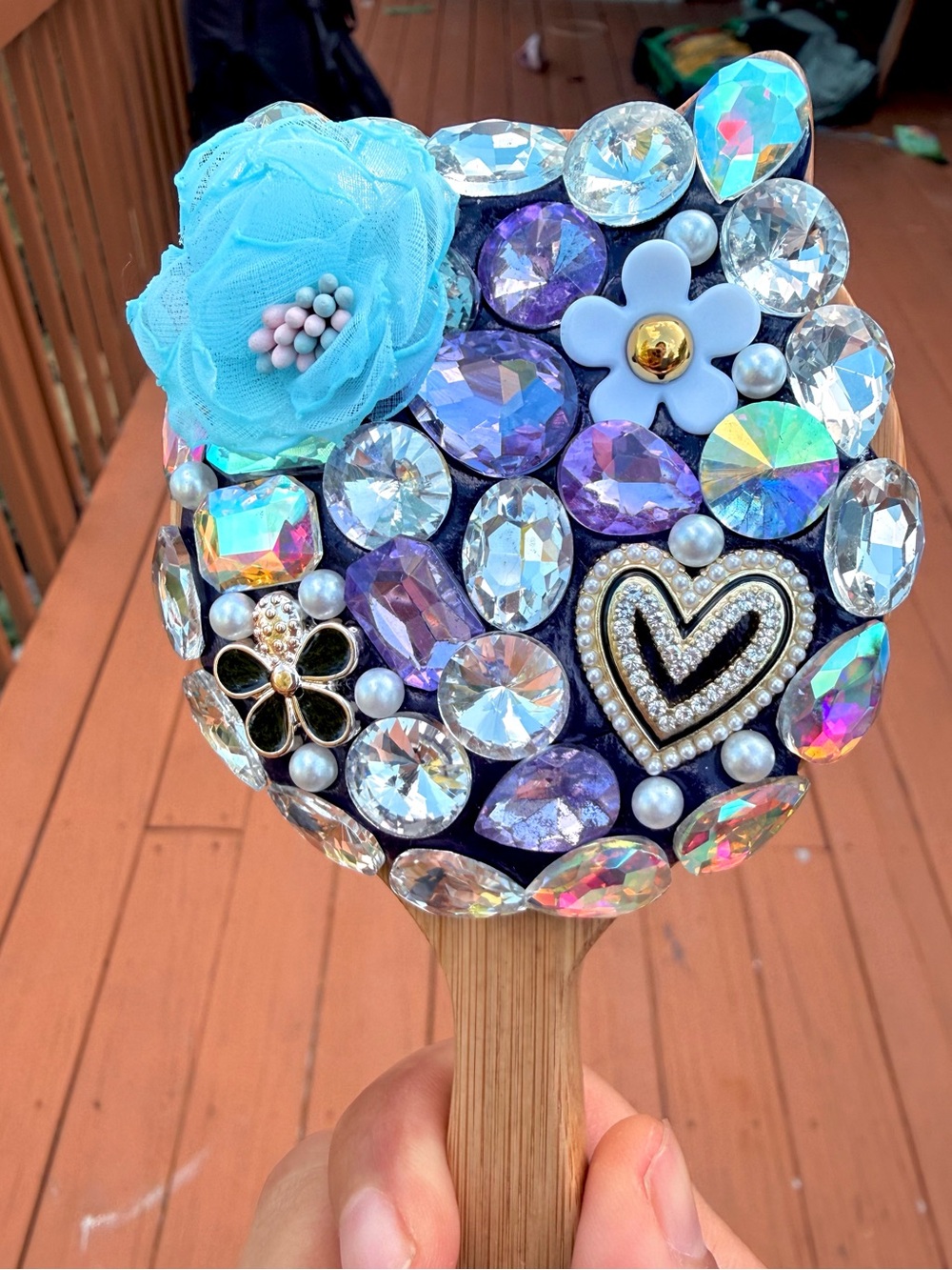 Handmade purple rhinestone wooden hair brush